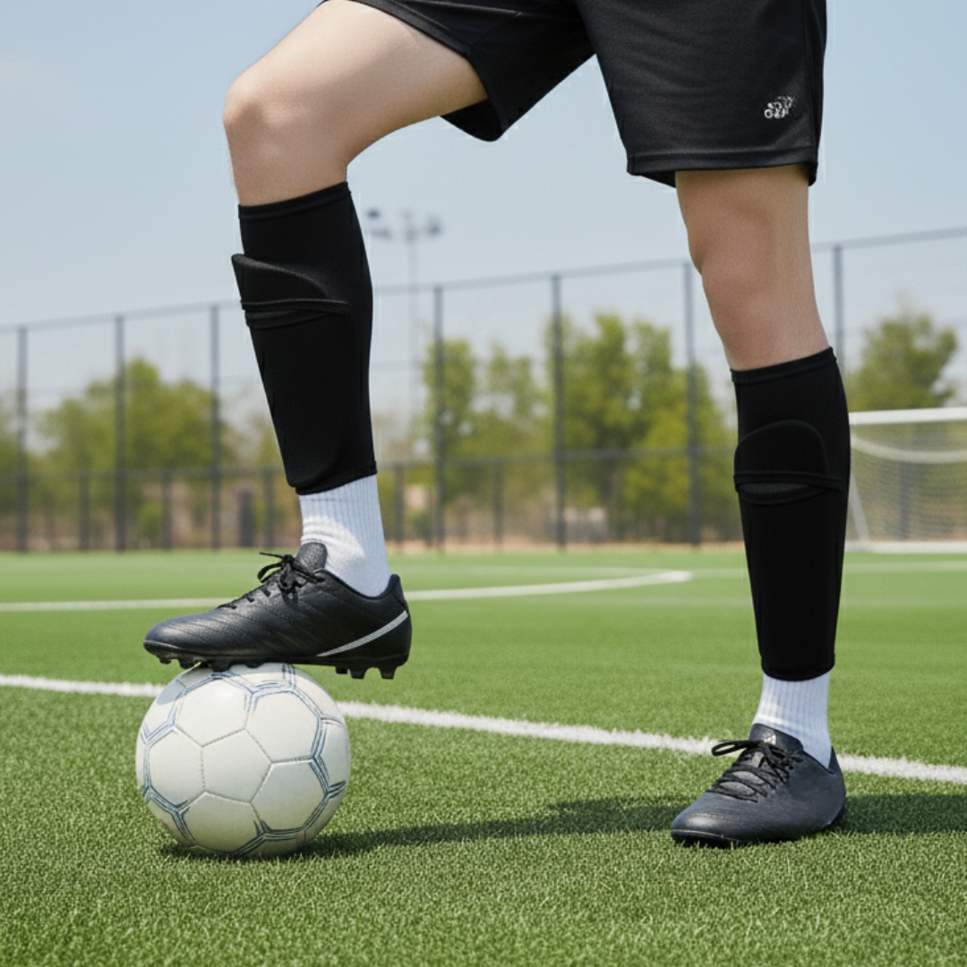 Voetballer met Prostec scheenbeschermer sleeves en voetbalschoenen, voet op bal op kunstgrasveld, belangrijke