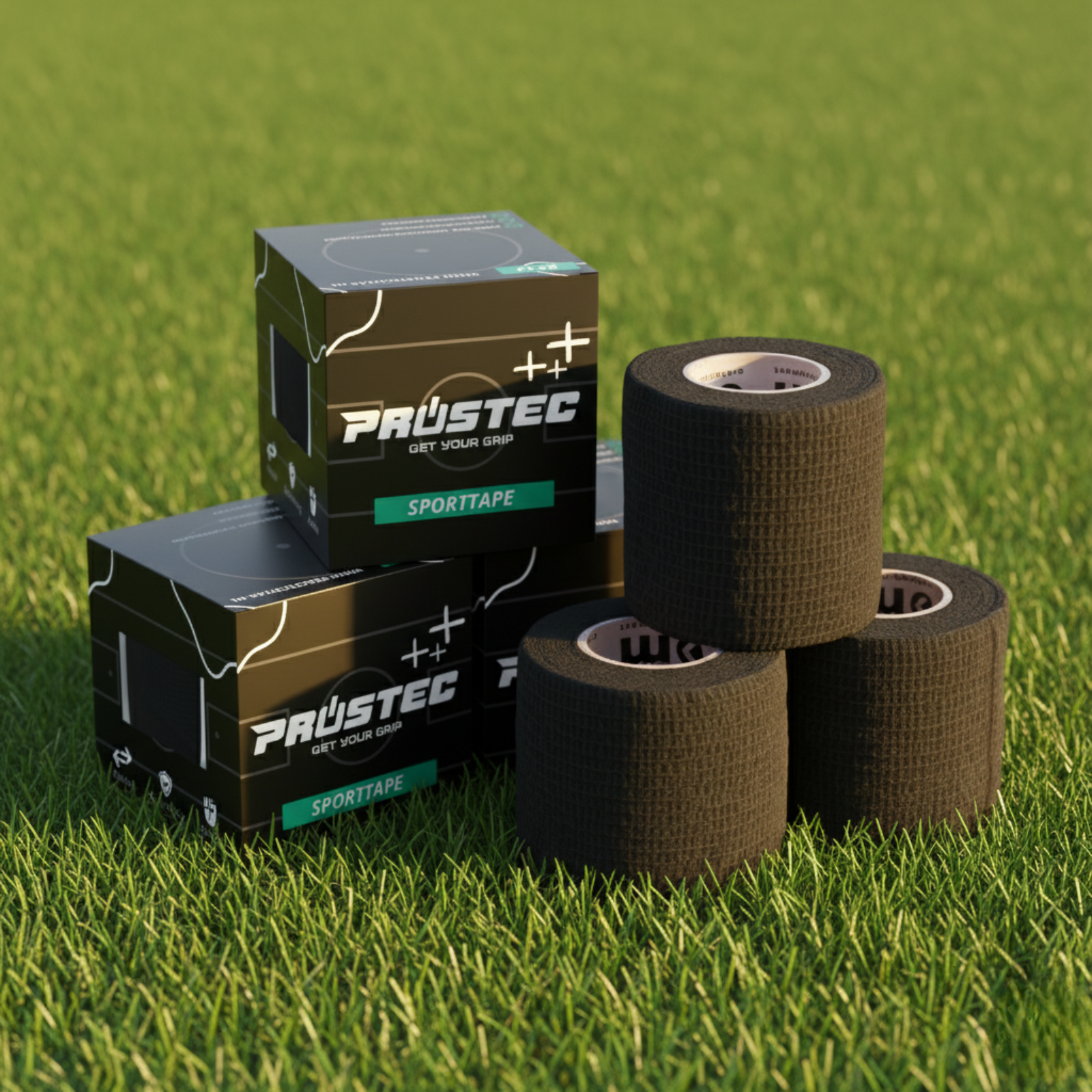 Zwarte Prostec Sporttape verpakkingen en rollen op groen gras, essentiële voetbalaccessoires