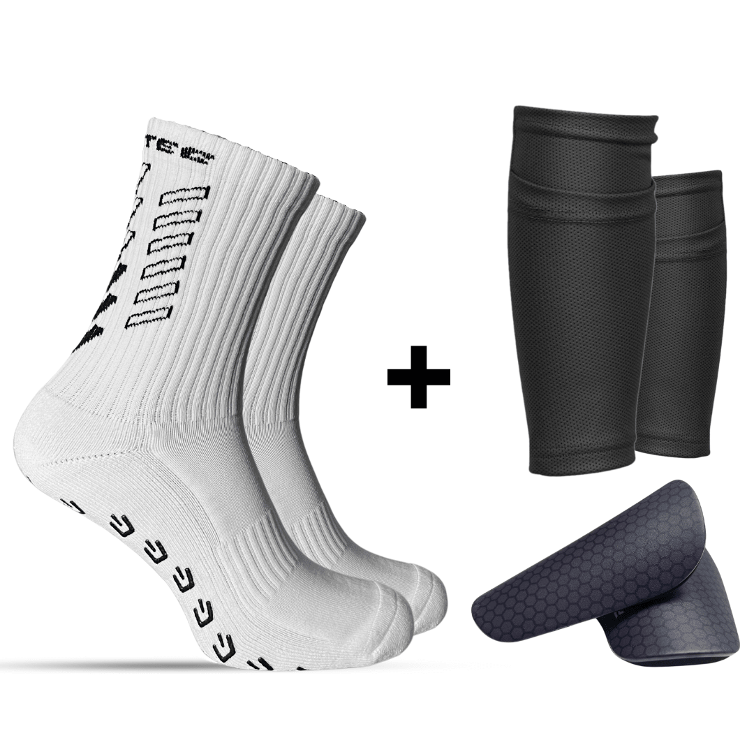 Prostec voetbal accessoires set: witte gripsokken, zwarte shin guard sleeves en grijze mini scheenbeschermers