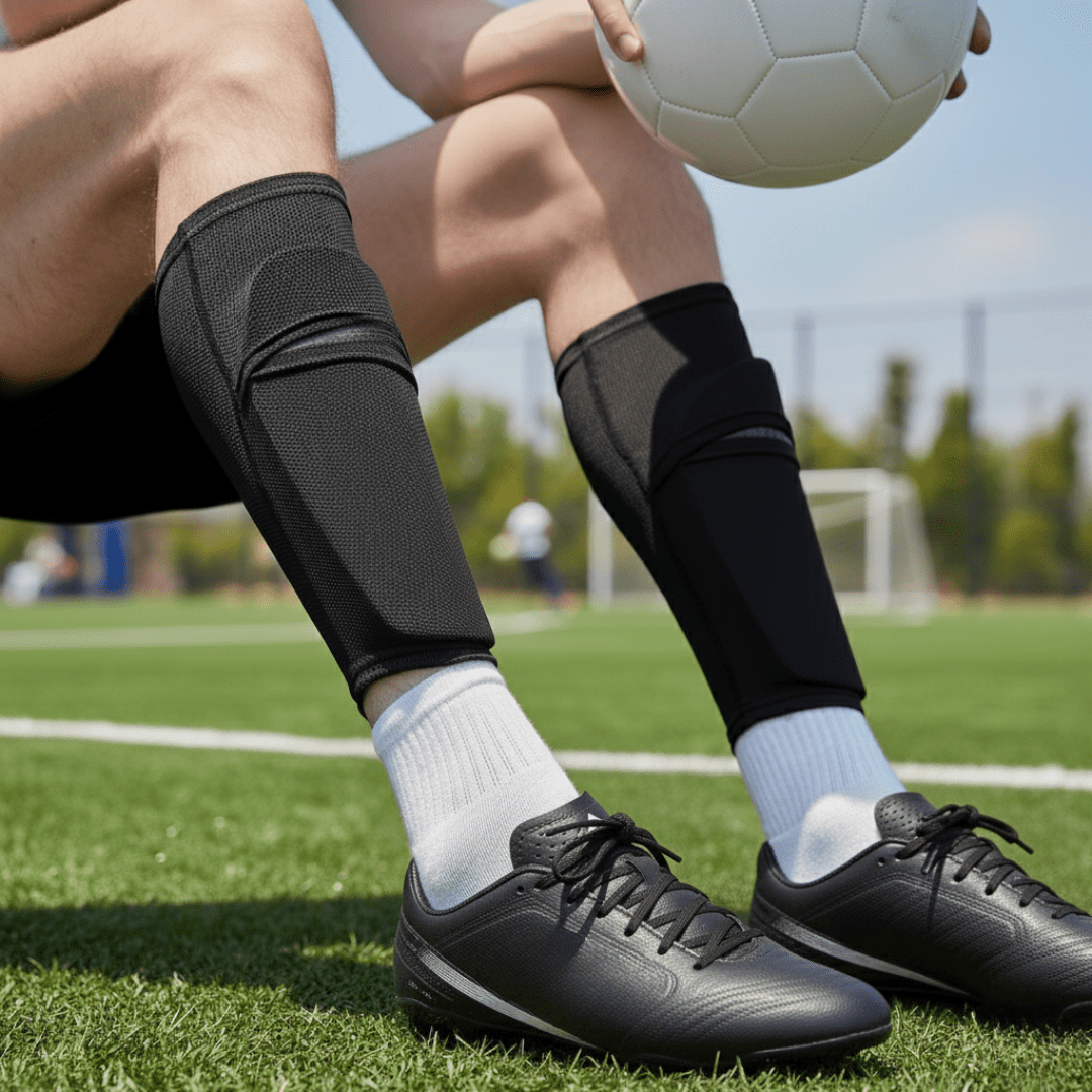 Voetballer zittend op grasveld toont Prostec zwarte scheenbeschermer sleeves met ingebouwde bescherming