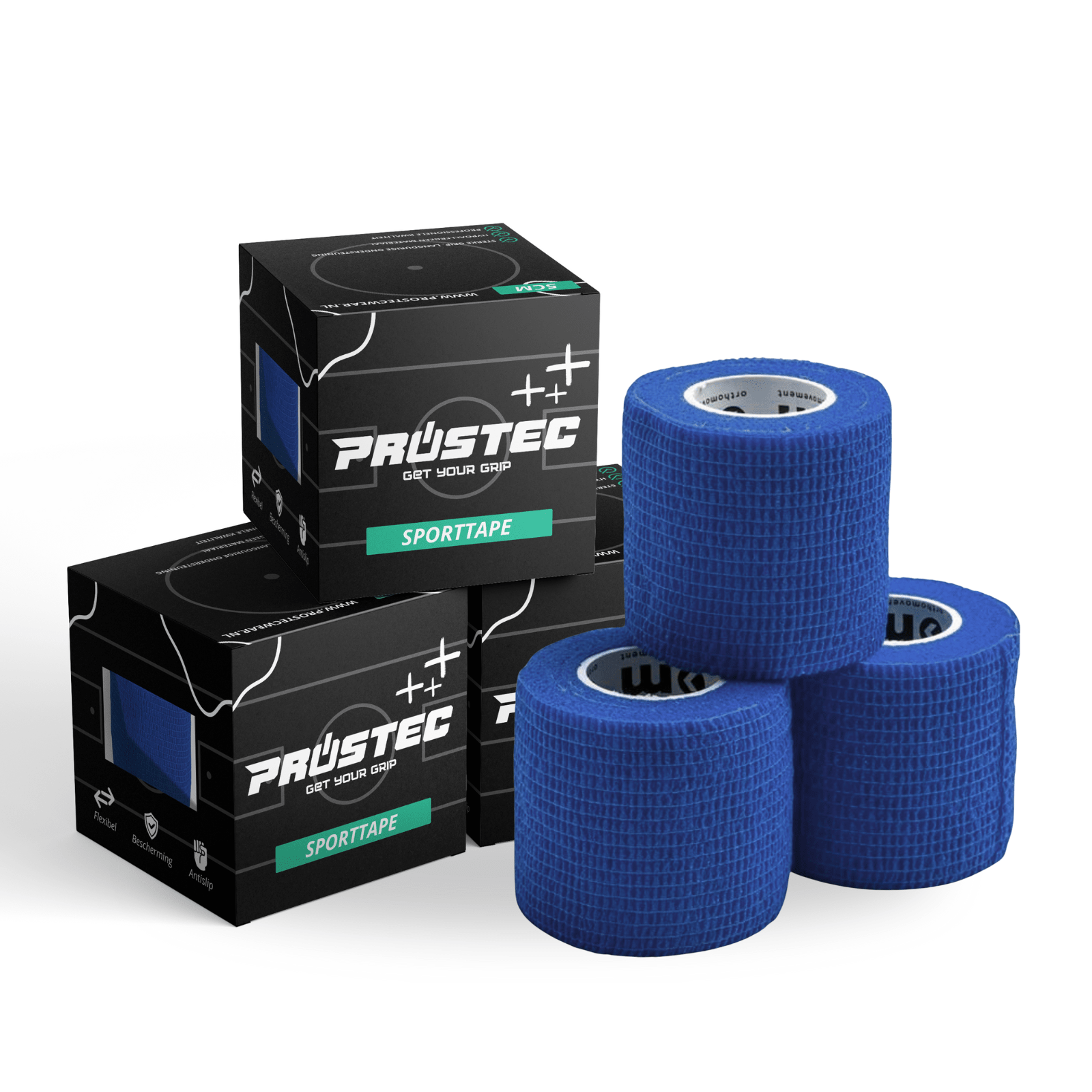 Drie blauwe Prostec zelfklevende sporttape rollen naast twee zwarte verpakkingen, essentiële voetbalaccessoires