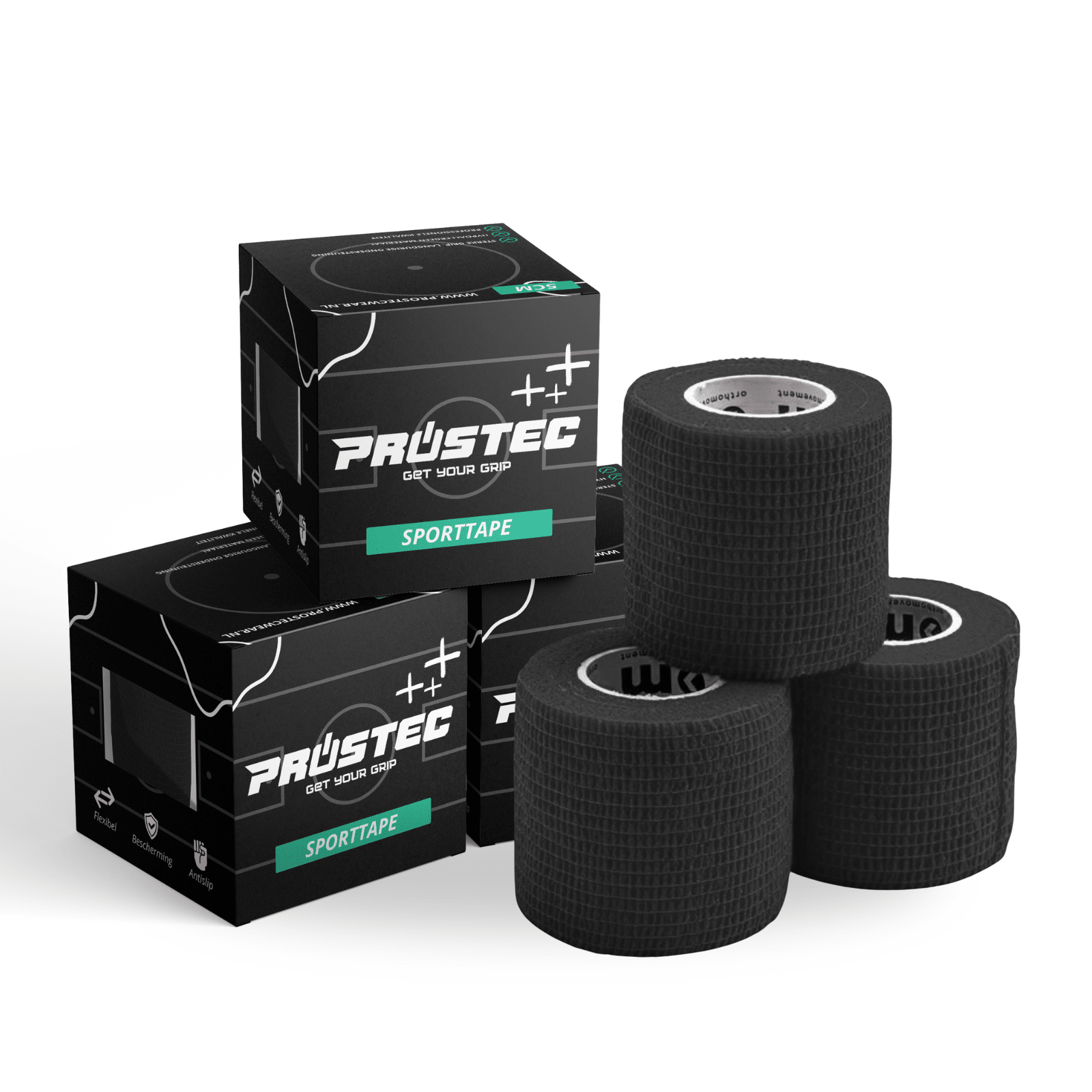 Zwarte Prostec sporttape rollen en verpakkingen, een veelgebruikt voetbalaccessoire voor ondersteuning