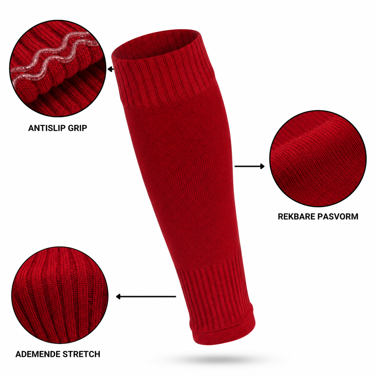 Prostec voetbalsokken zonder voet rood met antislip grip, rekbare pasvorm en ademende stretch