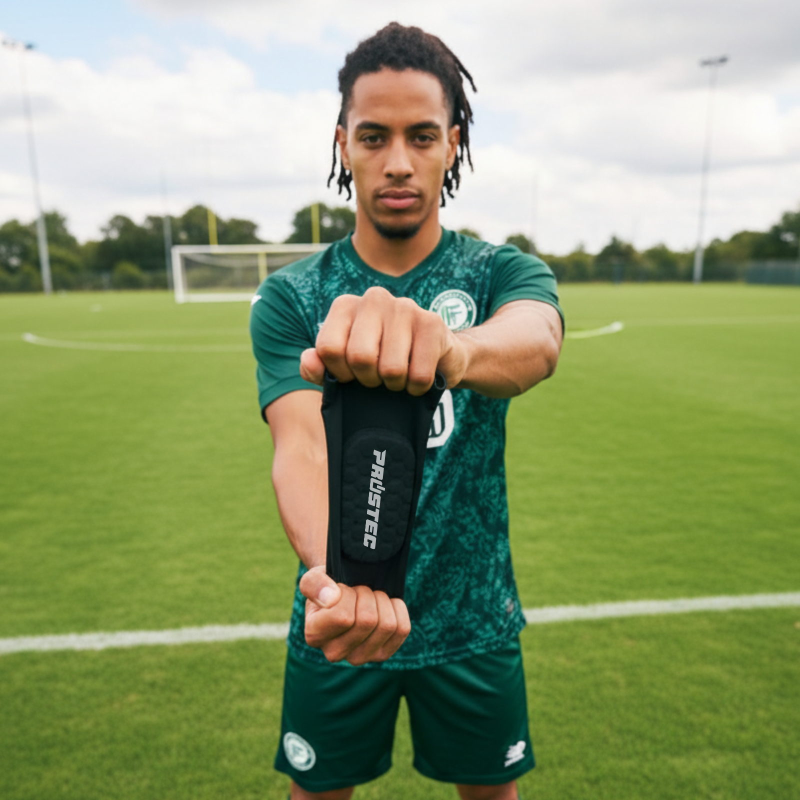 Voetballer toont Prostec Scheenbeschermer Sleeve met hexagonale bescherming, top voetbalaccessoires
