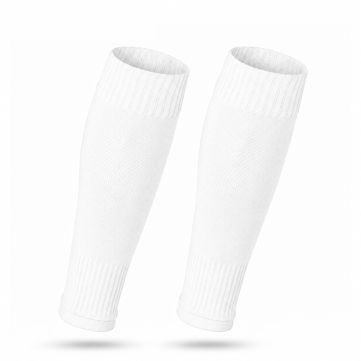 Wit Prostec sock sleeves, voetbalsokken zonder voet, een paar rechtop op witte achtergrond
