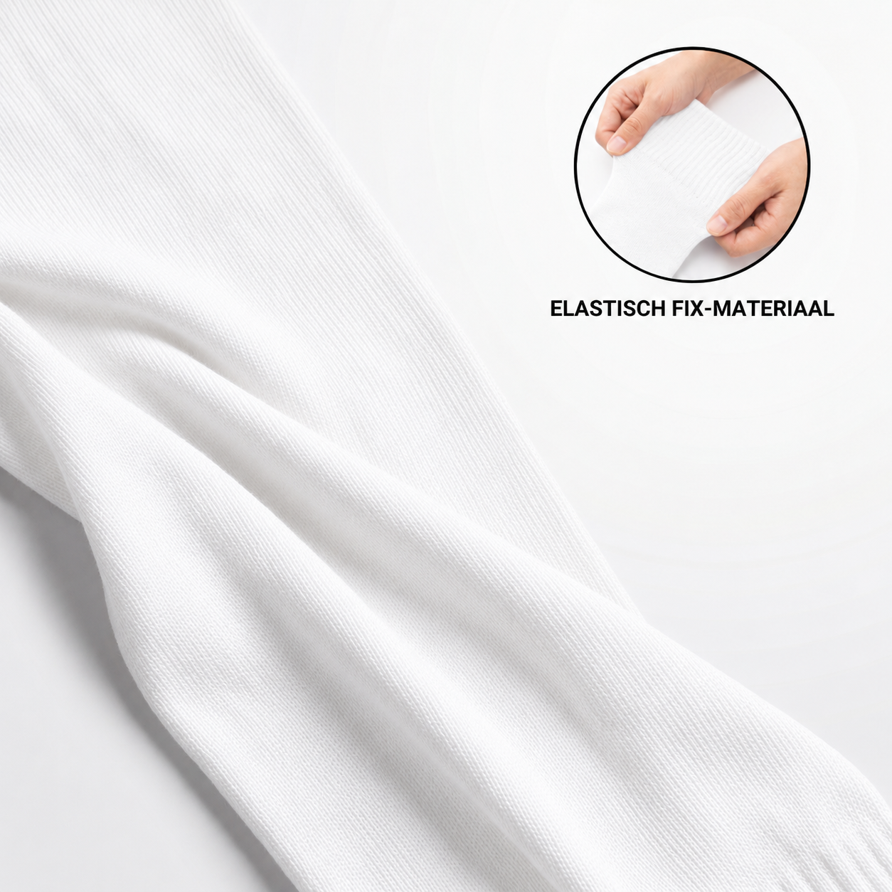Close-up van het elastische fix-materiaal van Prostec sock sleeves wit