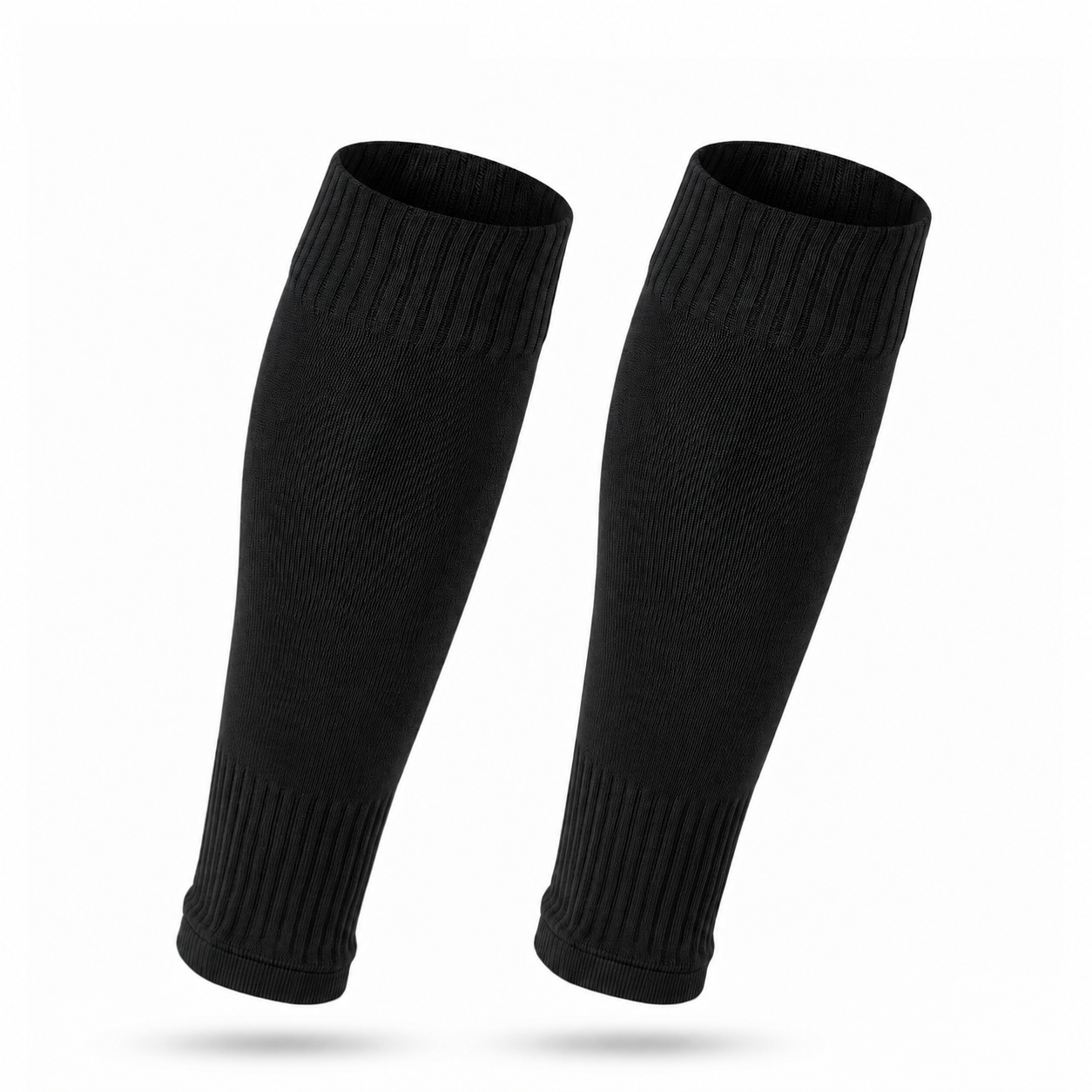 Zwart Prostec sock sleeves, voetbalsokken zonder voet, een paar rechtop op witte achtergrond