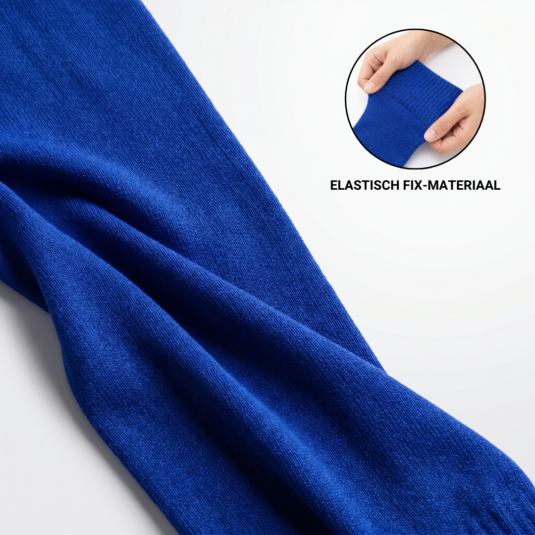 Close-up van het elastische fix-materiaal van Prostec sock sleeves blauw 