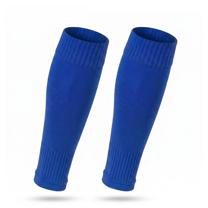 Blauw Prostec sock sleeves, voetbalsokken zonder voet, een paar rechtop op witte achtergrond 