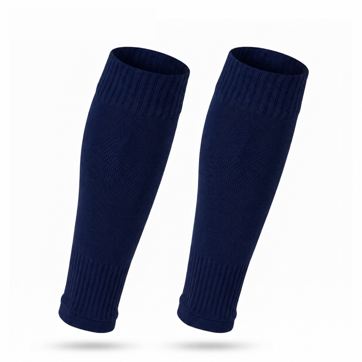 Navy Prostec sock sleeves, voetbalsokken zonder voet, een paar rechtop op witte achtergrond 