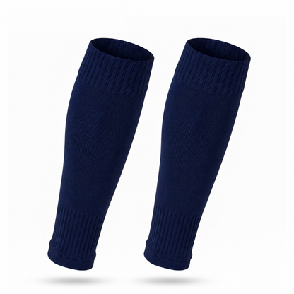 Navy Prostec sock sleeves, voetbalsokken zonder voet, een paar rechtop op witte achtergrond 