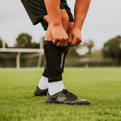 Voetballer trekt zwarte Prostec scheenbeschermer sleeve met hexagonale padding aan, cruciaal voetbalaccessoire