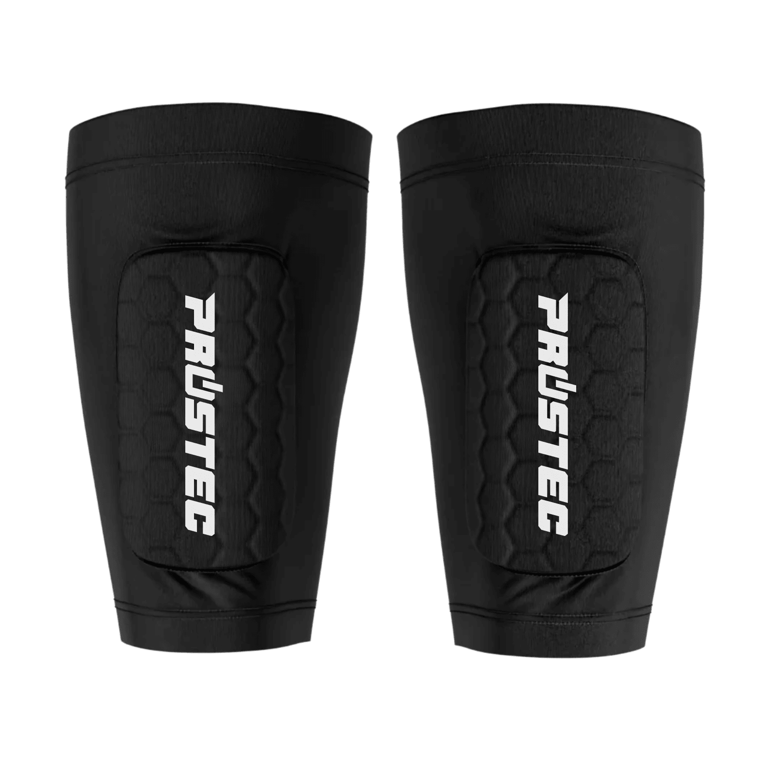 Twee zwarte Prostec scheenbeschermer sleeves met hexagonale padding en wit PRUSTEC logo, functionele voetbalaccessoires