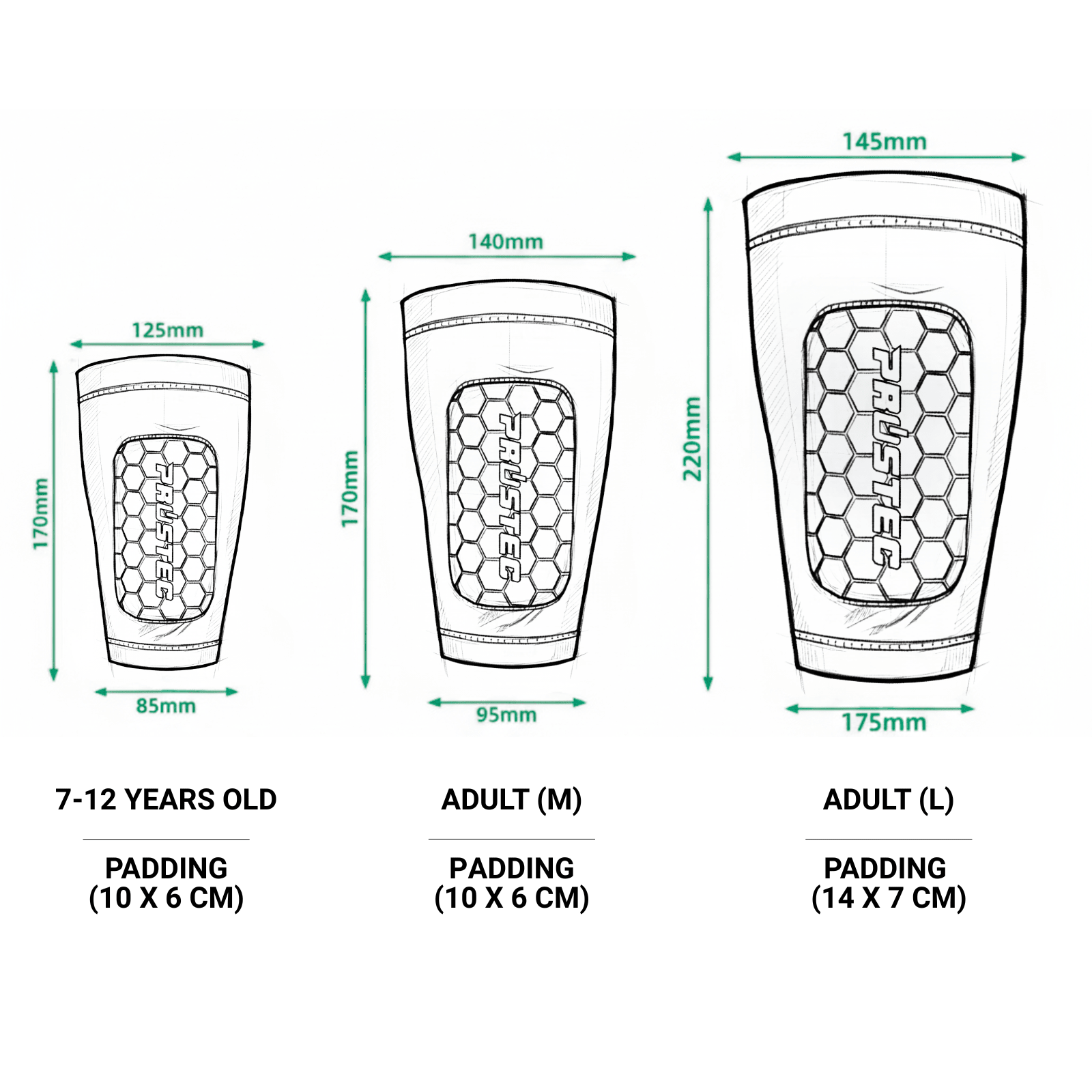 Prostec Ingebouwde Scheenbeschermers maattabel met afmetingen en padding voor jeugd en volwassen voetbalaccessoires