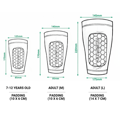 Prostec Ingebouwde Scheenbeschermers maattabel met afmetingen en padding voor jeugd en volwassen voetbalaccessoires