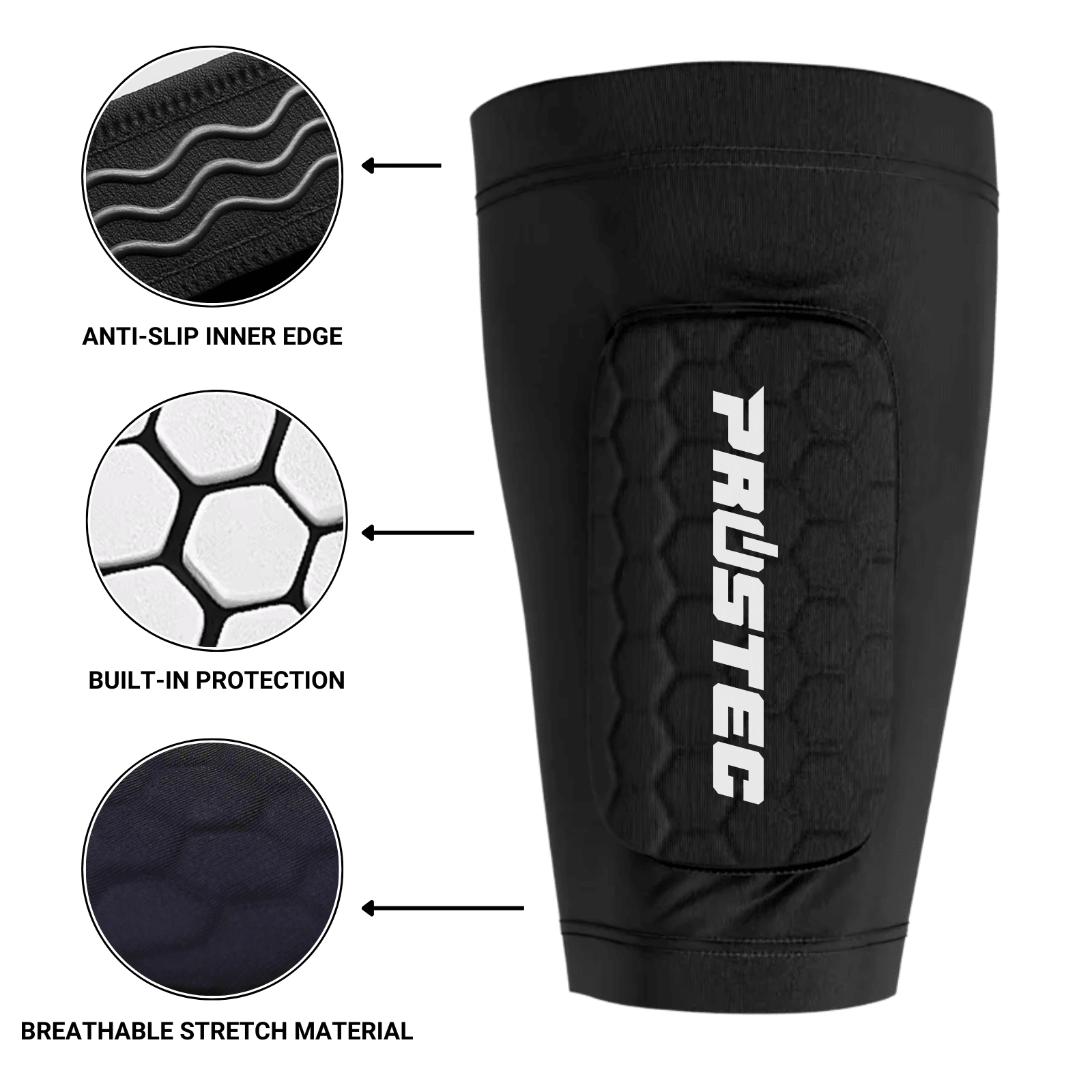 Prostec zwarte scheenbeschermer sleeve, een onmisbaar voetbalaccessoire, met hexagonale bescherming en anti-slip