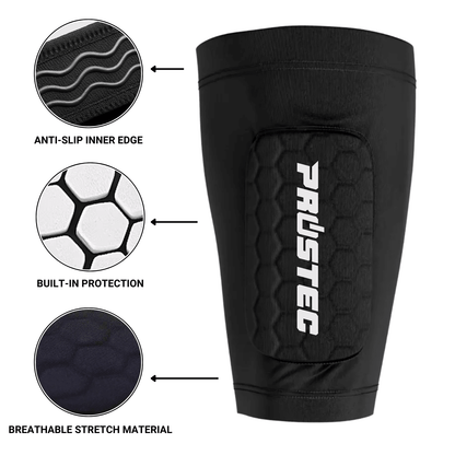 Prostec zwarte scheenbeschermer sleeve, een onmisbaar voetbalaccessoire, met hexagonale bescherming en anti-slip