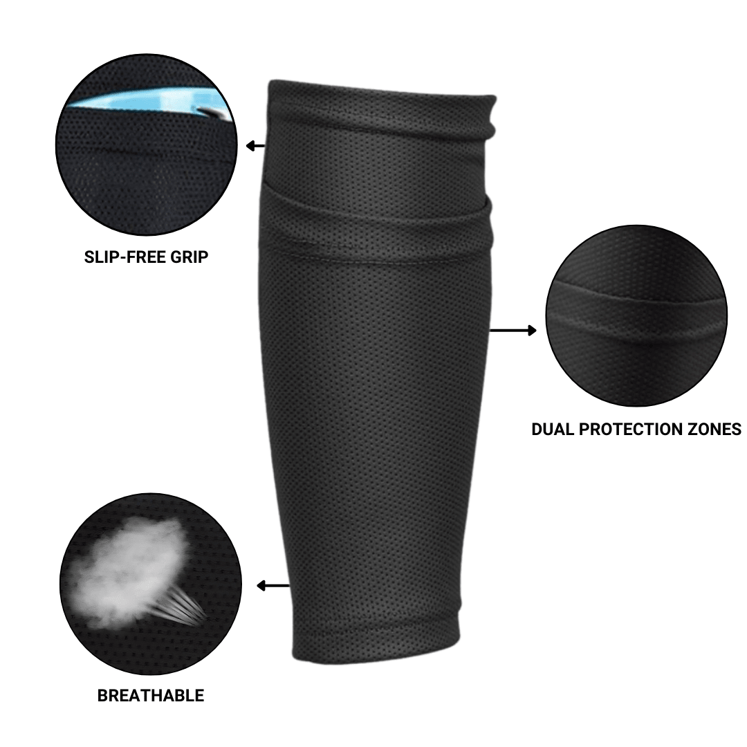 Prostec zwarte scheenbeschermer sleeve, een voetbalaccessoire met slip-free grip, dual protection zones en ademend