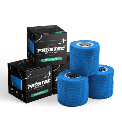 Prostec sporttape: drie blauwe rollen en drie zwarte dozen van deze onmisbare voetbalaccessoires