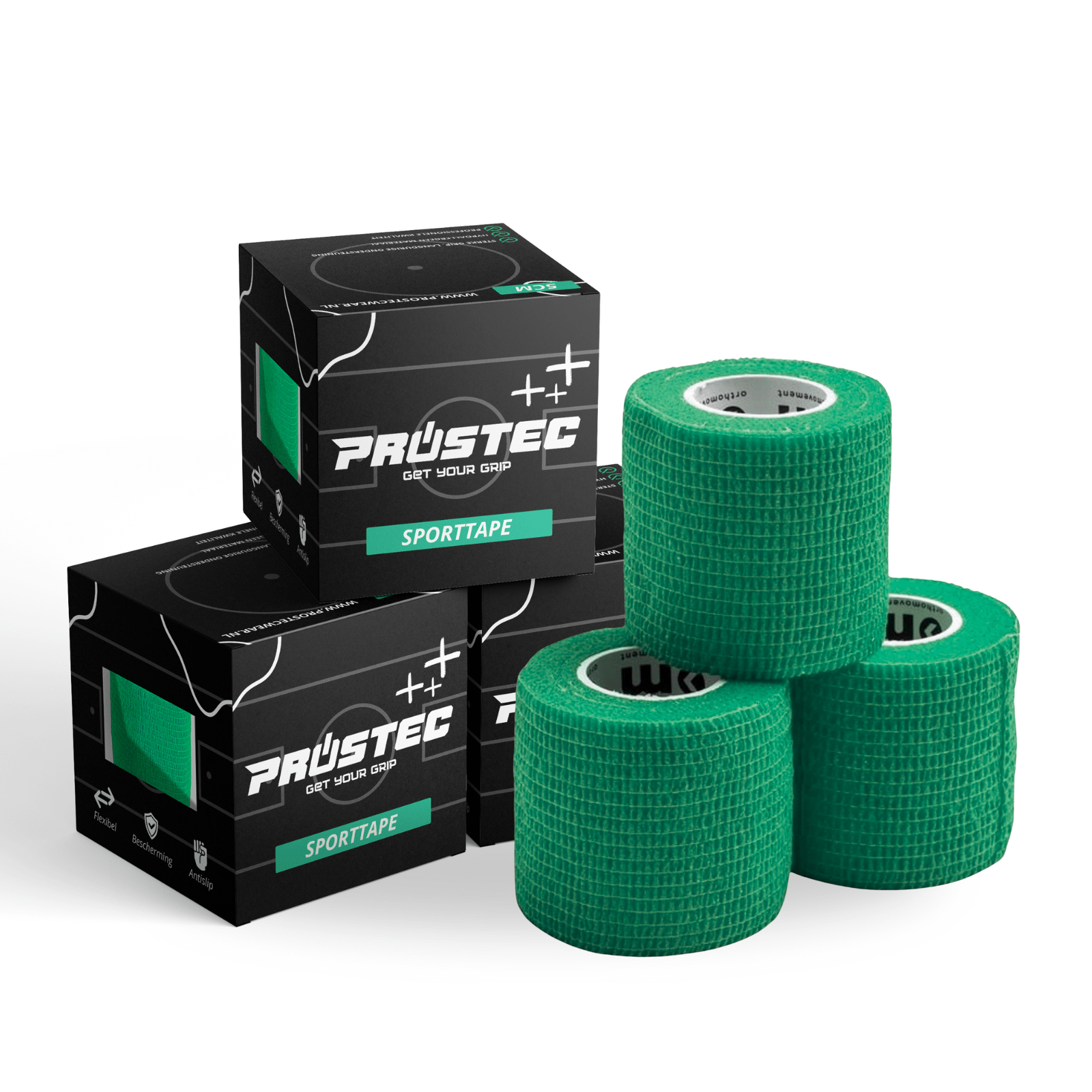 Drie rollen groene Prostec sporttape en drie zwarte verpakkingen, onderdeel van Prostec voetbalaccessoires