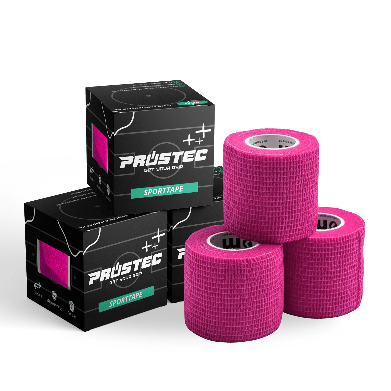 Drie Prostec roze zelfklevende sporttape rollen en zwarte verpakkingen, onmisbare voetbalaccessoires