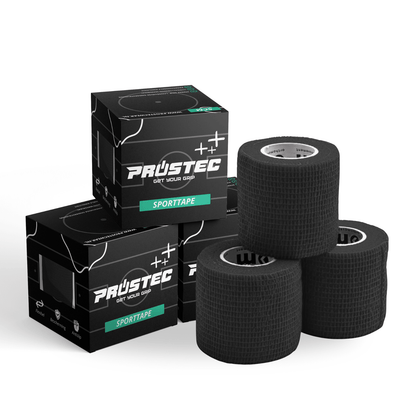 Zwarte Prostec sporttape rollen en verpakkingen, een veelgebruikt voetbalaccessoire voor ondersteuning