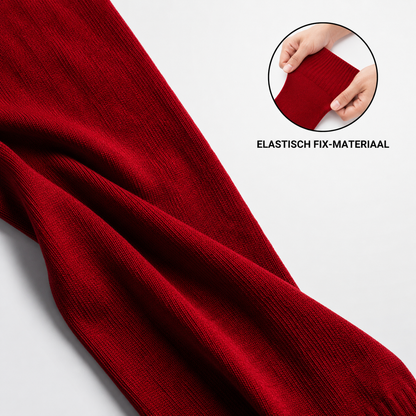 Close-up van het elastische fix-materiaal van Prostec sock sleeves rood 