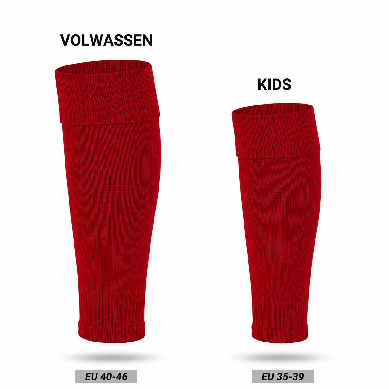 Maatoverzicht Prostec sock sleeves rood: volwassen EU 40-46 en kids EU 35-39 