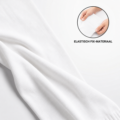 Close-up van het elastische fix-materiaal van Prostec sock sleeves wit 