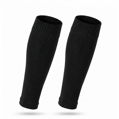 Zwart Prostec sock sleeves, voetbalsokken zonder voet, een paar rechtop op witte achtergrond 