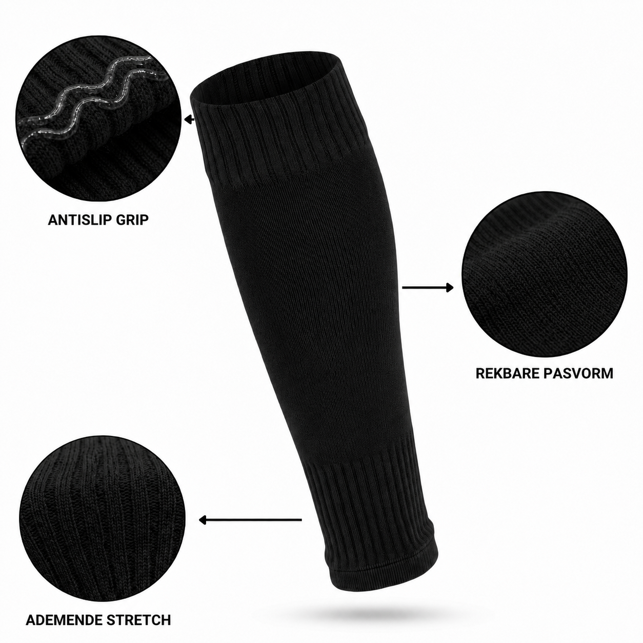 Prostec voetbalsokken zonder voet zwart met antislip grip, rekbare pasvorm en ademende stretch 